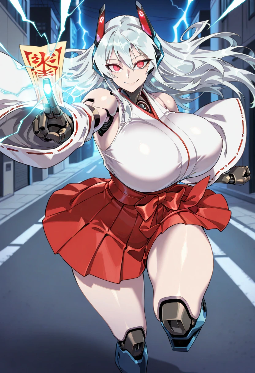 red eyes, accelerator (toaru majutsu no index), white hair, shirt, girl:1.3, massive breasts, wide hips, outdoors, lake