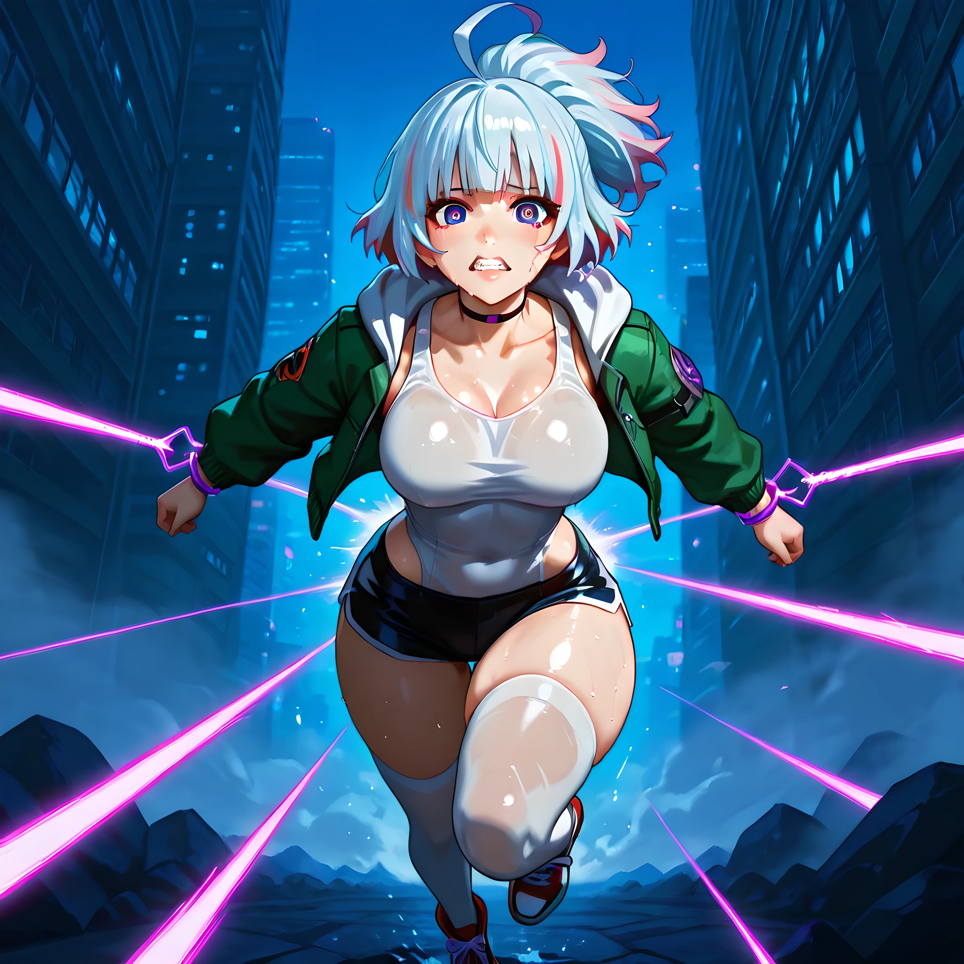 extreme_low_angle, ((Kyoukai no Kanata art style, standing, character running on the battlefield, character running towards the viewer with a purple blade aimed diagonally, mid-air slashing attack scene, attack details, ultra-detailed action scene):1.12), (ultra image quality, perfectly detailed eyes, perfect facial details, ultra image sharpness, balanced lighting, ultra-quality shading), {Pecorine with white blue hair}:((1woman, choker, beautiful woman, epic look, straight bangs, green jacket with white hood, chains coming down from the jacket, black short shorts, black energy coming out of the side of the eyes, black flames flowing from the eyes, white tank top tight on round breasts, blouse pressing breasts, tight clothes on the body accentuating curves, red all star sneakers, wet sensual lips, tight white thigh-high socks, thorn bracelets, look of despair, spiral-shaped ahoge hair, dual-colored hair, white streaks at the ends of the hair, hair in a ponytail, battle-scarred skin, grinding teeth, fog sweaty, panting, average breasts, round ass, perfect lips, curvy body, thin waist, dilated pupils, dark circles, porcelain skin):1.05), ((cyberpunk setting, dangerous night city, ultra-detailed action scene, missiles falling towards the colossal buildings in the background of the image, wide and incredibly detailed setting):1.12).