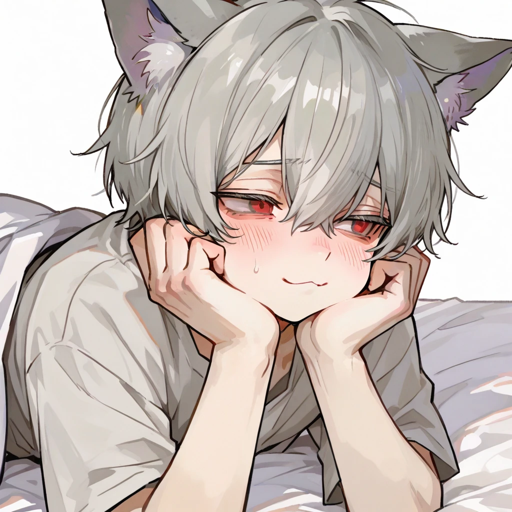 drak，Brown and white hair，Lie down in bed，Short black shirt，Wear black foot socks，Weakly affected，is shy，Shota