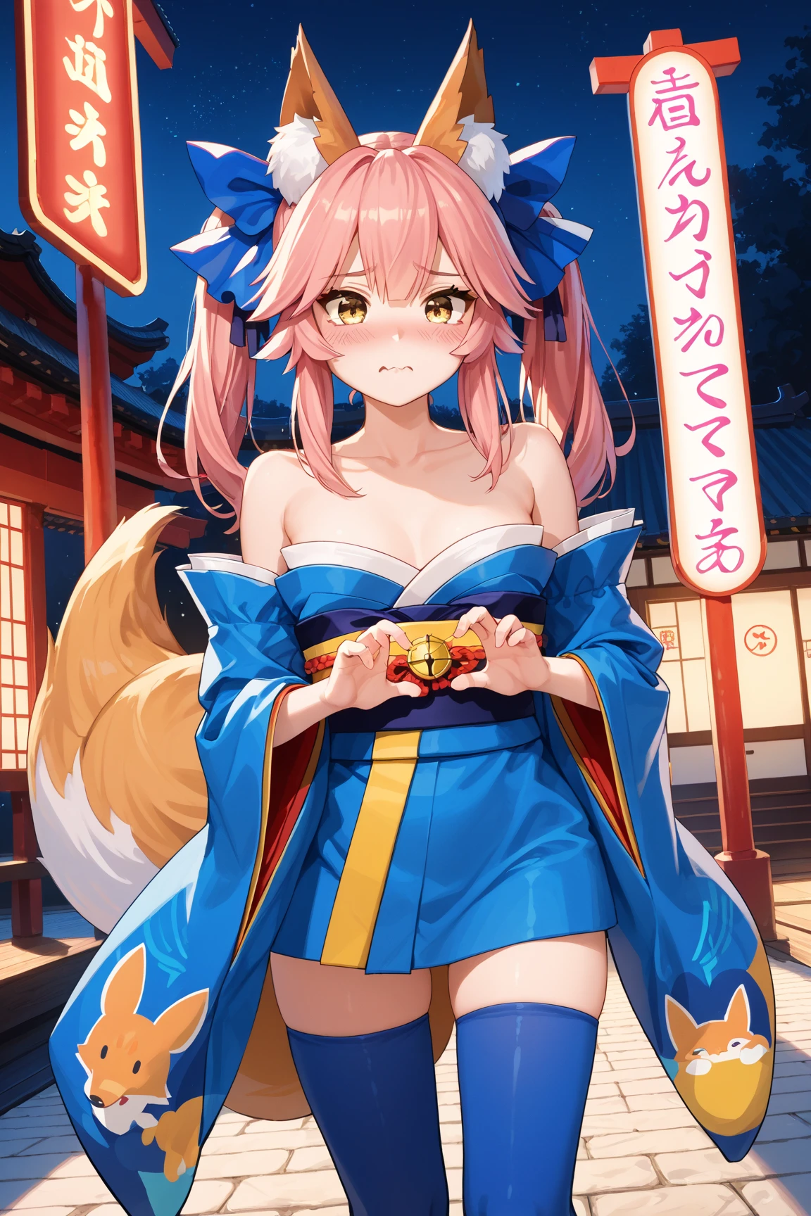masterpiece,best quality,high resolution,8k,ultra HD,wallpaper,illustration,beautiful detailed eyes,perfect face,cowboy shot,beautiful detailed eyes,extremely detailed face,perfect lighting,extremely detailed CG,perfect hands,perfect anatomy,perfect body,perfect hands,perfect fingers,1woman,full body,,(muscle fighter:1.1),pink long hair, yellow eyes,large breasts,Medium ass,medium nipples,blue oiran yukata,,clothed,,looking at viewer,sexy look pose,cameltoe,Steam,sweat,1person,japanese yakata,(Fate Grand Order),fox small ears,fox medium single tail,