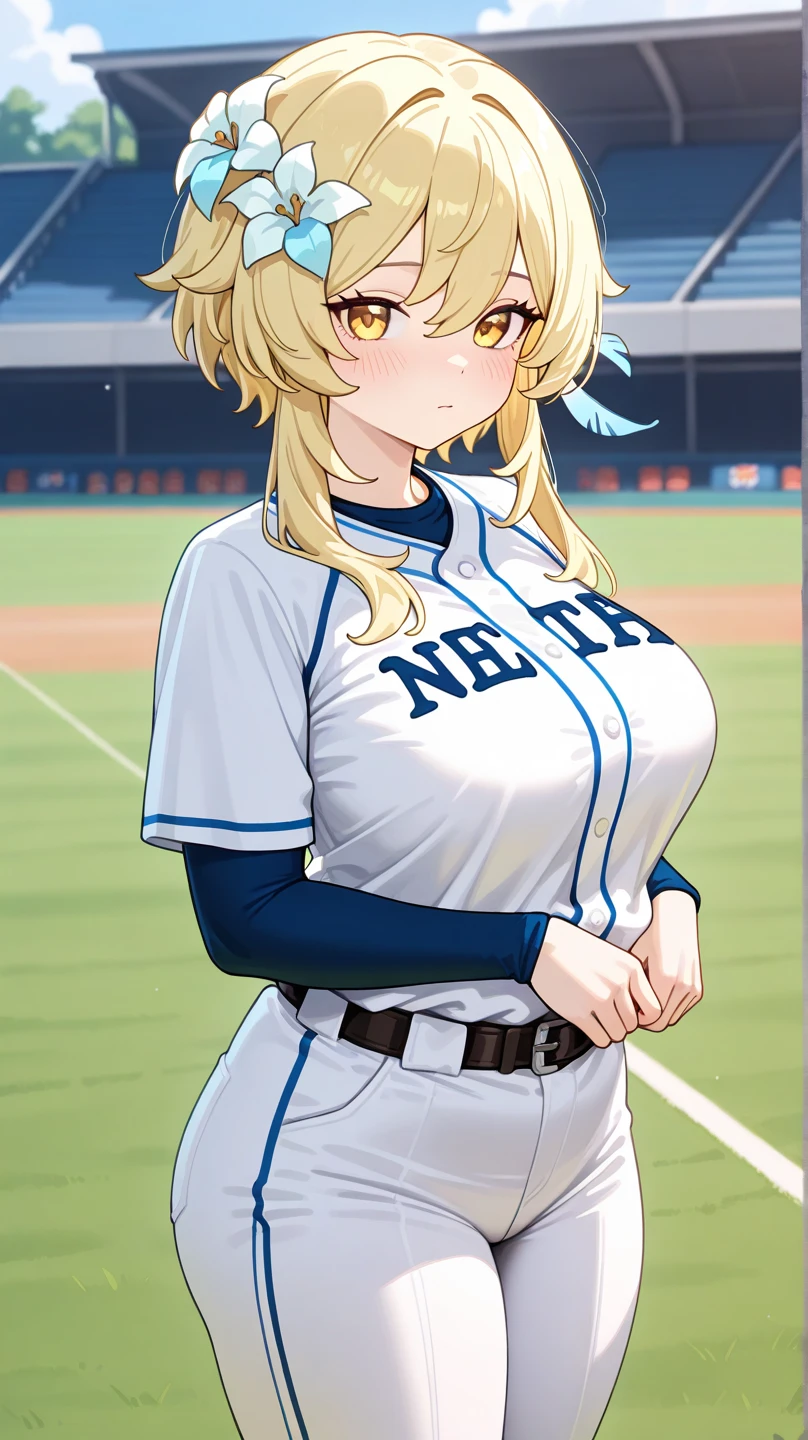 masterpiece, best quality, artist:fukuro_(maruaru00), 1girl, solo, blonde hair, drill hair, long hair, yellow eyes, blue headbows, school sport outfit, white t-shirt, blue shorts, large breasts, disgust, infront ov viewerr