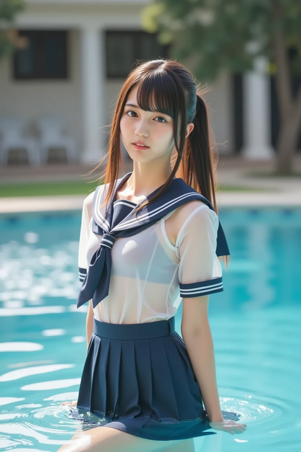 High school girl attacked by giant octopus、full body Esbian、Wet miniskirt uniform(checkered)、hair wavy、Disgusting look、、tentaculata、In the sea、