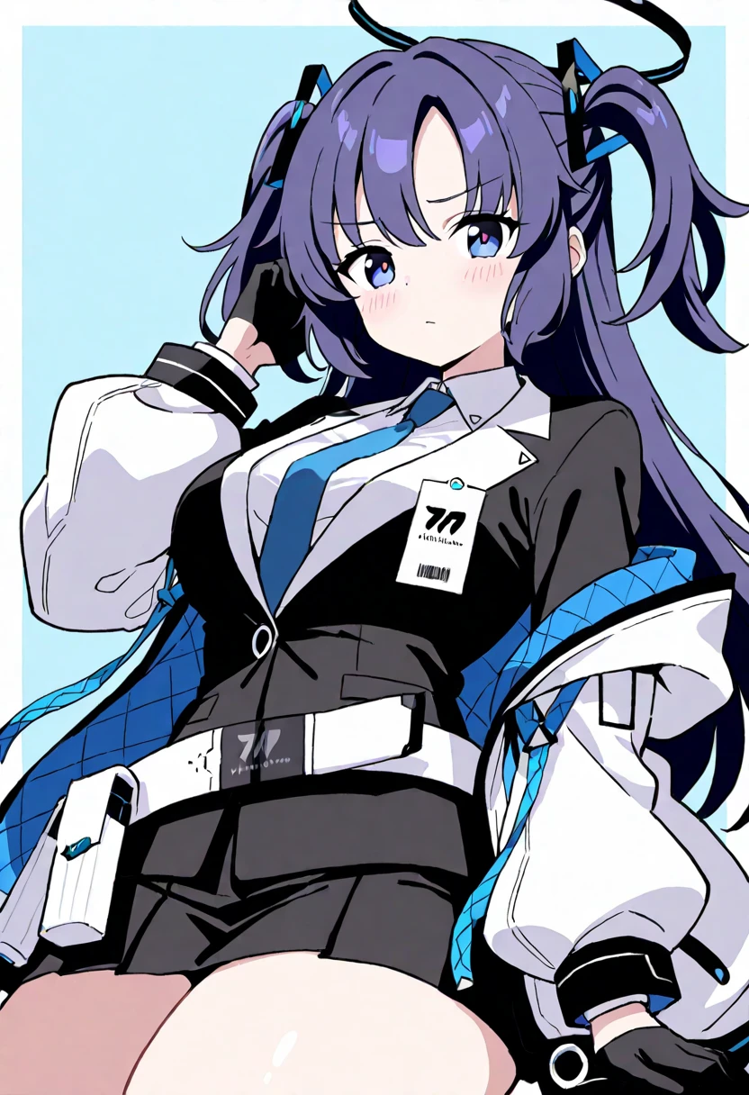 score_9, 1girl, solo, yuuka \(blue archive\), blue archive, halo, purple eyes, purple hair, long hair, two side up, thick thighs, medium breasts, yuuka-default, necktie, blue necktie, shirt, white shirt, collared shirt, jacket, long sleeves, half gloves, belt, white belt, skirt, black skirt, pleated skirt, miniskirt, bare legs, lying, on back, looking at viewer, blush, surprised, :o, open mouth, bed sheet, on bed