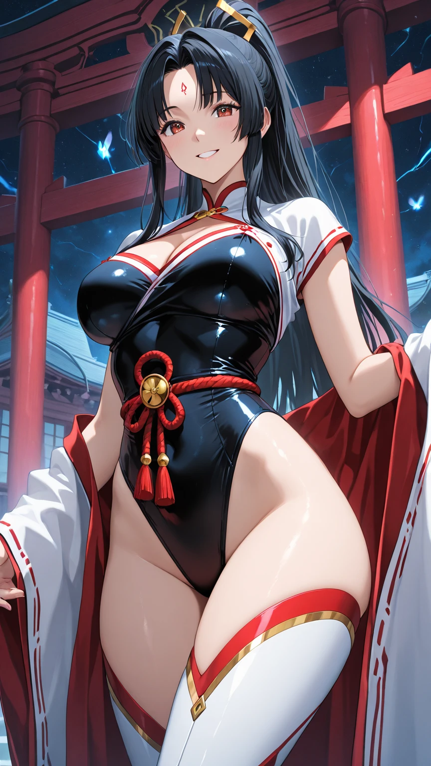 (shaded face:1.2), hollow eyes, blue eyes, looking at viewer, heavy breathing, smirk, uppert teeth, long_hair, blue_eyes, black_hair, very_long_hair, huge breast, one-piece swimsuit, chest gem, covered navel,  hand on head, standing, "Photorealistic, Hyperrealistic, Hyperdetailed, analog style, soft lighting, subsurface scattering, realistic, heavy shadow, masterpiece, best quality, ultra realistic, 8k, golden ratio, Intricate, High Detail, film photography, soft focus"