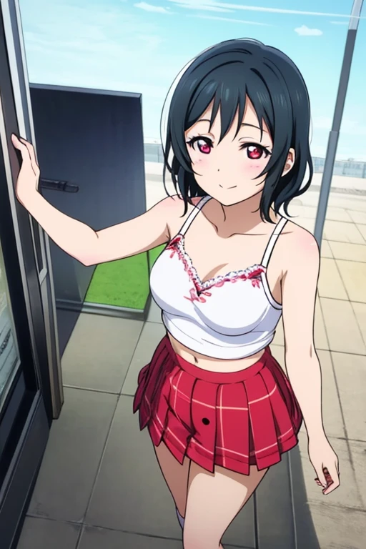 shinkai makoto, kimi no na wa., 1girl, bangs, black hair, blush, brown eyes, idol, idol clothes, collarbone, red headband, red ribbon, bow hair ornaments, open jackets, black bikini, pink skirt, short skirt, black thighhighs, short hair, smile, cute, solo, outdoors, sunset background, sunlight, evening. upper body