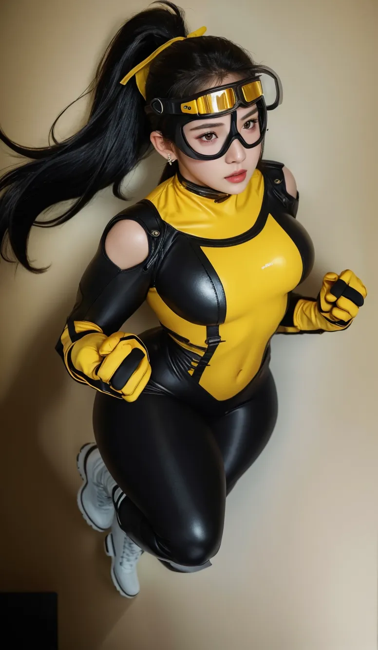 A dark skin girl with yellow and black latex catsuit is bound to a standing table by metal cuffs on arms and legs, she has a yellow and black gas mask with a hose that only let her eyes visible through the gas mask cristal, her eyes with yellow and black makeup accentuating them , the rest of her face is cover by the gas mask.