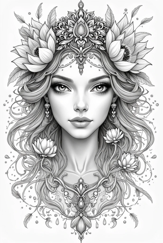 coloring page , black and white of beautiful fantasy goddess, clear facial features, flat beauty lighting, fine lines, framed in bubbles , fantasy, smooth lines, beautiful , dreamy, light image, light background, head and shoulders, sharp focus