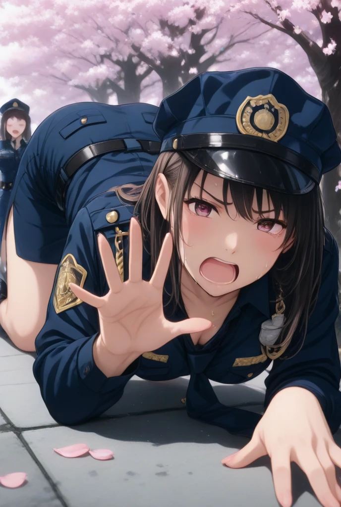 Female police officer, flat chest, attacked, half out of uniform, surrounded by prisoners, naked, fear, trying to escape, in prison, sweat, vomiting, blushing, nsfw,