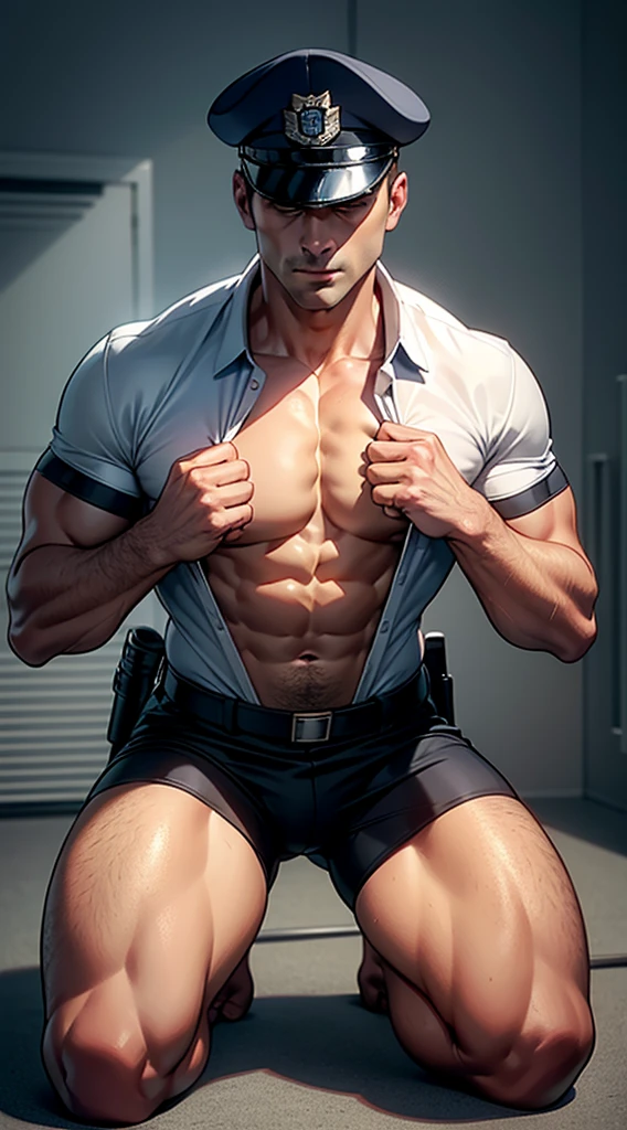 (NSFW: 1.5), Chris Redfield ,(The man lay unconscious on the stone floor.: 1.2) , (Seriously injured), (Close your eyes.), Open mouth, show teeth, (Wearing a navy blue round neck T-shirt with a police logo.: 1.3), (Navy blue jeans), Korean guy , korean men, (High gloss details), chest muscles, Big arm muscles, blood vessel, big muscles, Broad shoulders, looking at the audience, Balancing the eyes, (Make eye contact),(Torn shirt: 1.5), (wound: 1.3) , (blood splatters) ,( abrasions on face: 1.5), (Blood stains on the face and body: 1.5) ,(Torn shirt: 1.5) , (Look up: 1.1) , (genital very long big : 1.5), (Big testicles), (Erection of the penis: 1.5), middle of the road,(Fire blazes behind)