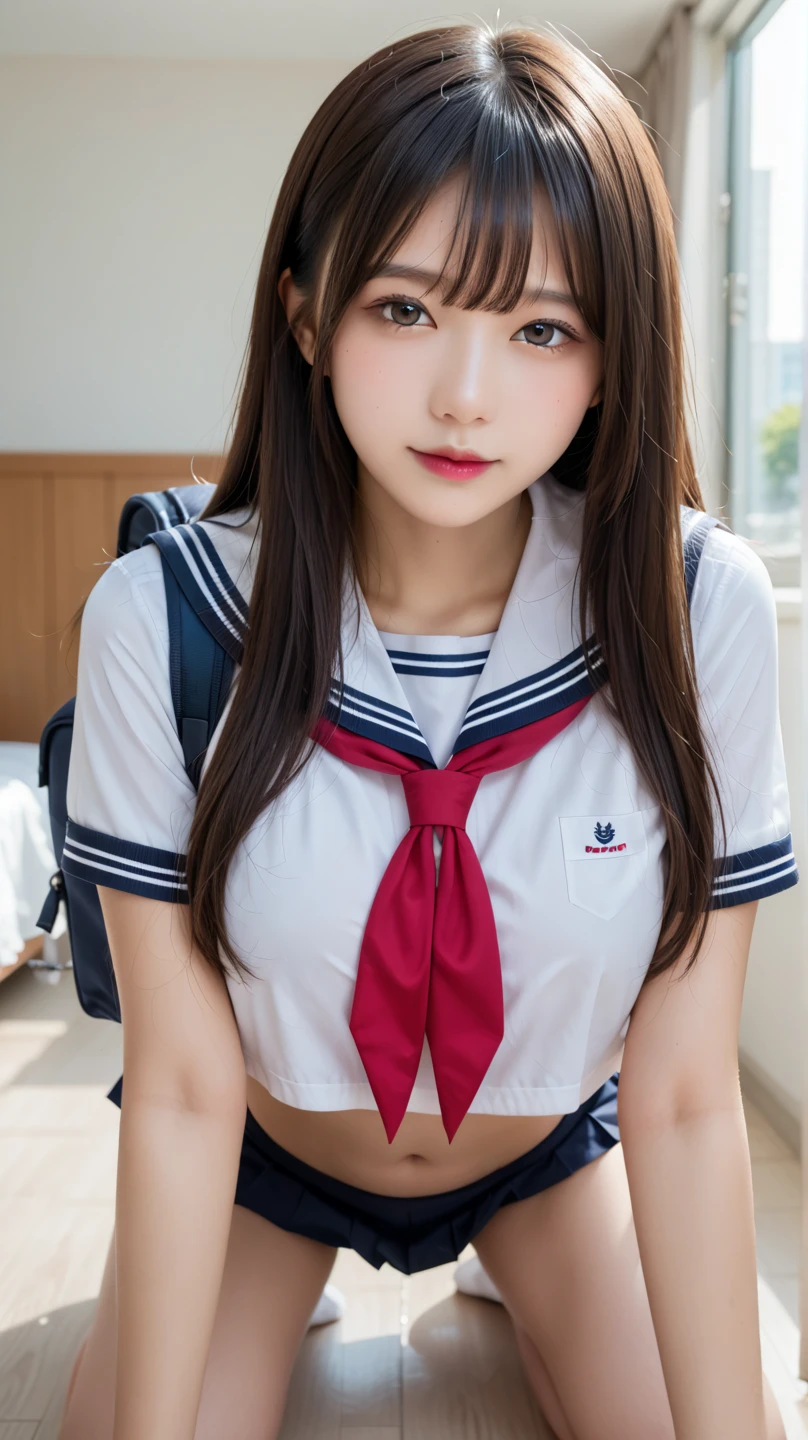 Highest image quality、(Sailor Mars)、sailor suit、beautiful feet、((slender))、miniskirt、train、trainの4人掛けボックスシートに座っている、((Composition seen from the side))、((Composition seen from directly above))、((big breasts))、((The nipple protrusions push up the uniform))、cropped tops、You can see her cleavage while wearing the uniform、Arch your back and push your chest forward、short sleeve、barefoot、((Wearing mules))、thin legs、((Sit with your legs thrown out in front of you without bending your knees))、Eyes are not looking at me