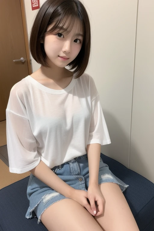 An ultra-high picture quality、Perfect Photo、Japan beautiful girl、female high-school student、Slender body、A dark-haired、With bangs、Own room、Cross-legged、Stretch comfortably、Wearing only a white T-shirt、
