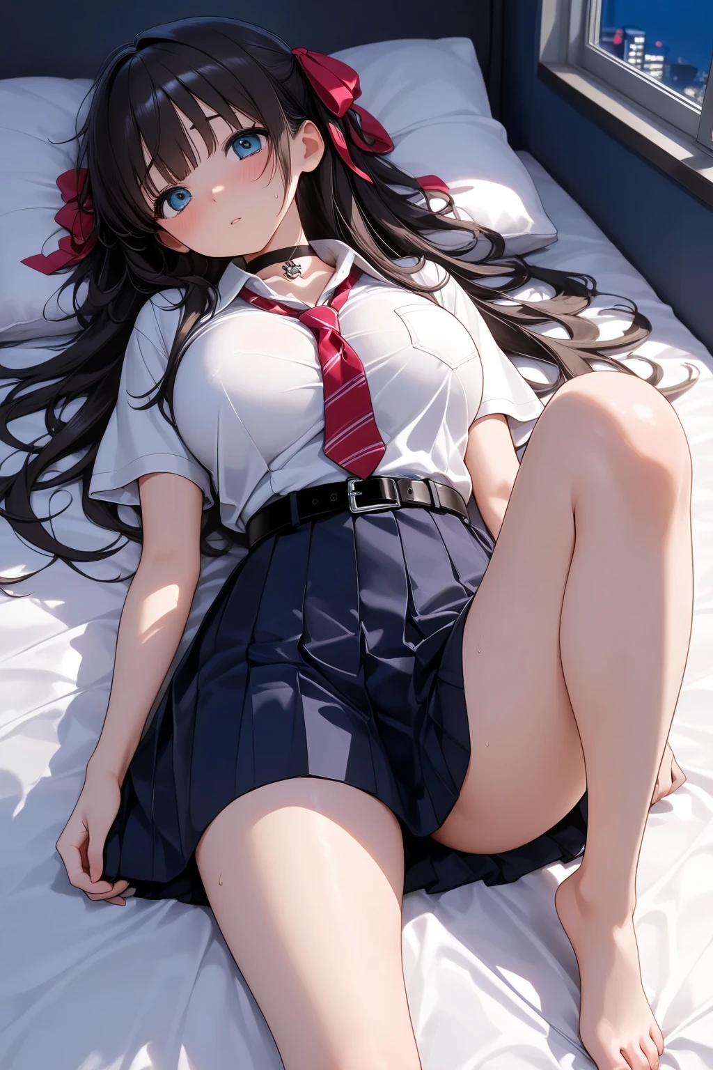 (masterpiece、top-quality、hight resolution、photos realistic、real looking skin:1.1)、1 Japan Girl、独奏、full bodyesbian、Beautiful eyes、Shining eyes、embarrassed from、short twintails、(Collared shirt with short sleeves、pleatedskirt、bow ribbon:1.1)、(Fully exposed panties:1.5)、Dark blue socks、(M-shaped legs:1.5)、(arms behind back:1.5)、On the bed in the bedroom、(Simple cotton panties:1.5)、nsfw