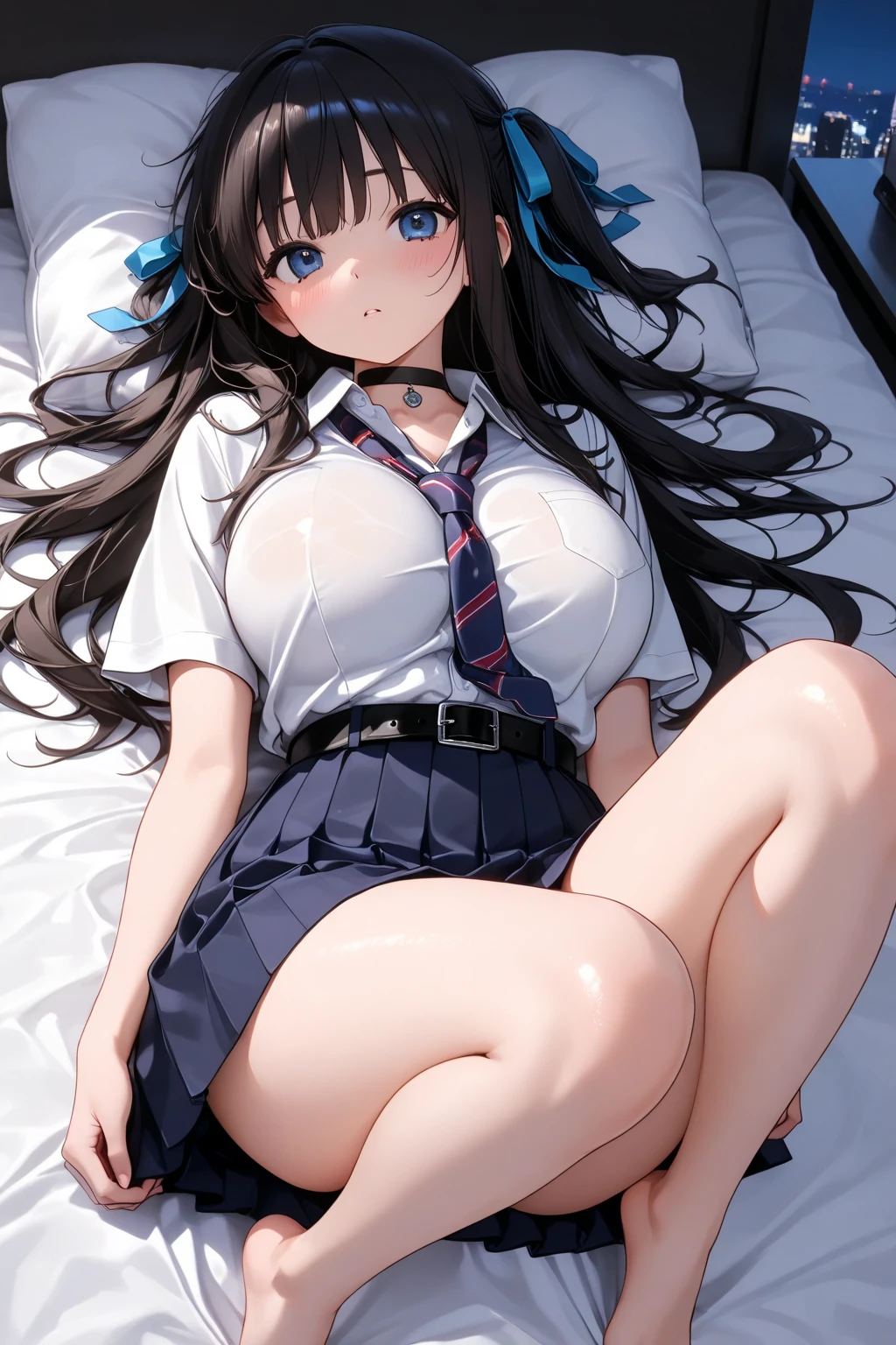 nsfw, (highly detailed beautiful face and eyes:1.2), (((lying))), 1girl, solo, huge breasts, (lift shirt:1.5), (show off breasts:1.5), (spread legs), (sailor school uniform), ((red tie)), (navy blue pleated mini skirt:1.3), from below, (white pantie, lift skirt, pantie shot, blush), (blushing:1.6), (town overview), detailed landscape, (best quality,masterpiece:1.2), intricate details, extremely detailed,8k resolution, natural lighting, hair fluttering in the wind,