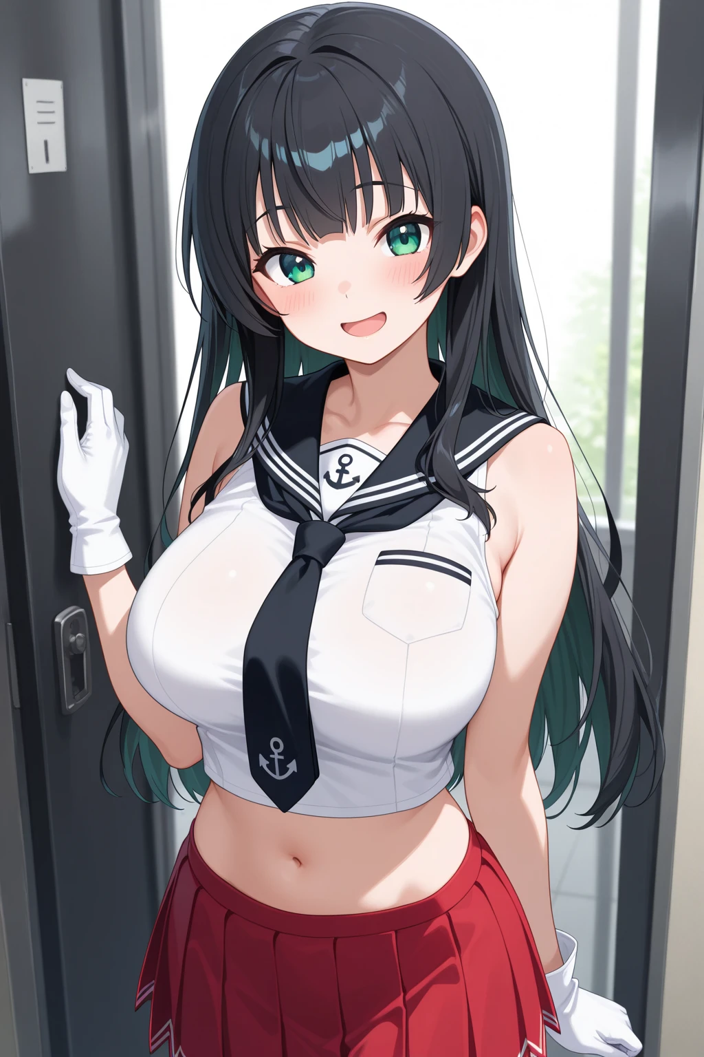 best quality, masterpiece, highres, solo, {agano_kantaicollection:1.15}, long_hair, black_hair, breasts, green_eyes, large_breasts, blush, open_mouth, smile