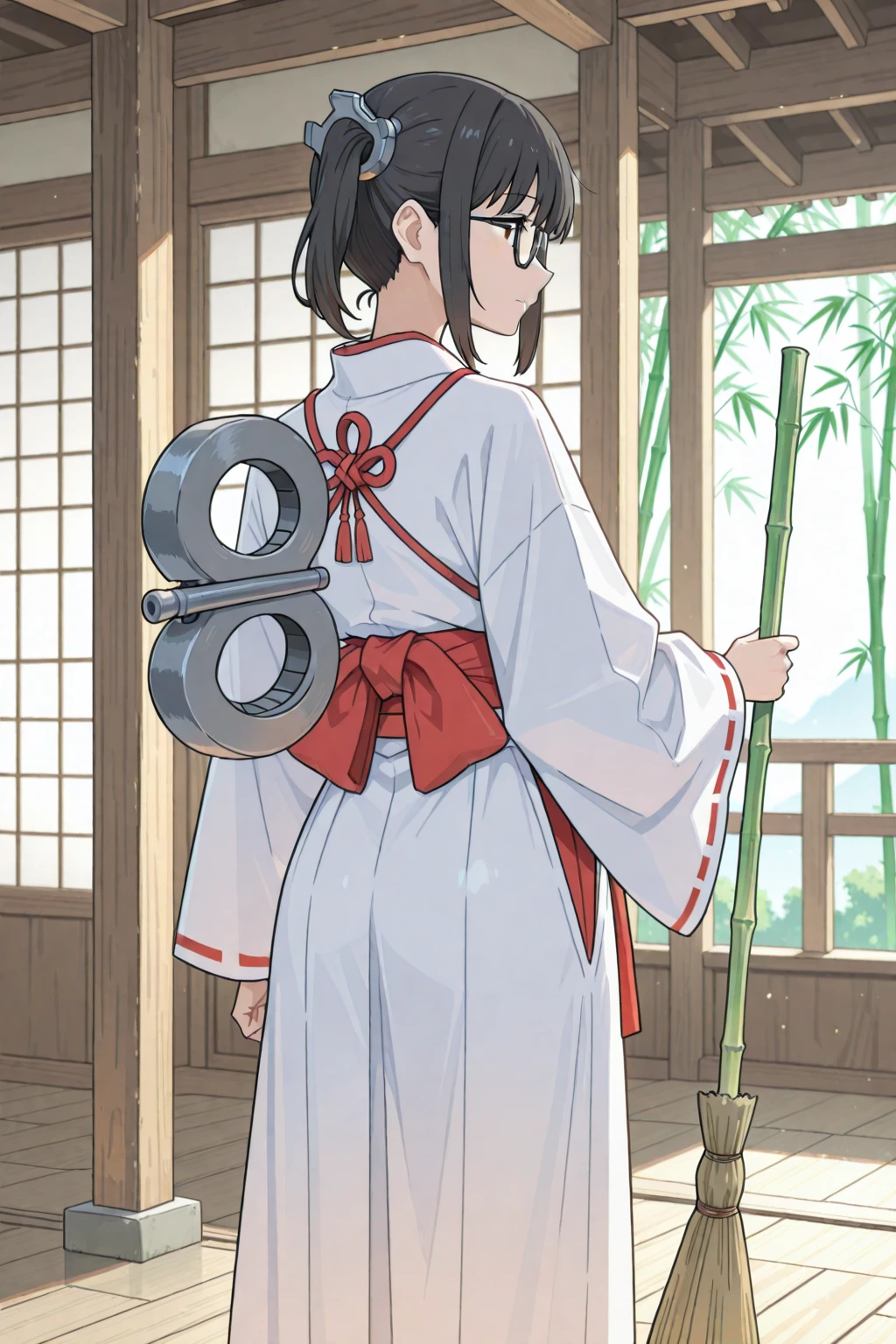 wearing a traditional shrine maiden outfit with cybernetic enhancements, holding a bamboo broom ,Glasses in a side ponytail.Turning around, winding key