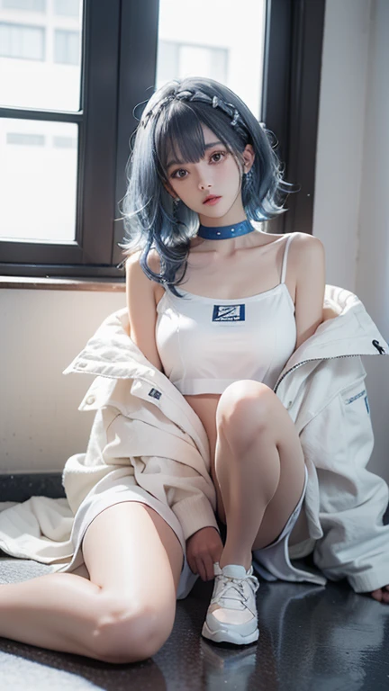 1 girl,((white shirt)),{Best bare knee quality,The content is very detailed,{{tmasterpiece}},ultra - detailed,Lighting light}}},depth of fields,Wind lift,Very long hair,Eye beauty machine arm}}},{Magic circle surrounded by lightning},light blue eyes,beautidful eyes,gorgeous one,cow boy shooting,{looking at viewert},{Strong light irradiates the body},{{Iridescent hair}},{{{aquarelle_(medium)}}},Glowing round pupils,sitted,,{pleated_a skirt},{{{{Lightning hair accessories_glowing}}}},Blue hair,burning sky,lightning effects,{{Detailed power surround sound}},{electrical},{Pull yourself together},Lightning cloud,, Best quality,tmasterpiece,actual,tmasterpiece,The content is very detailed,Extremely detailed description,Extremely detailed CG Unity 32K wallpaper,8K,