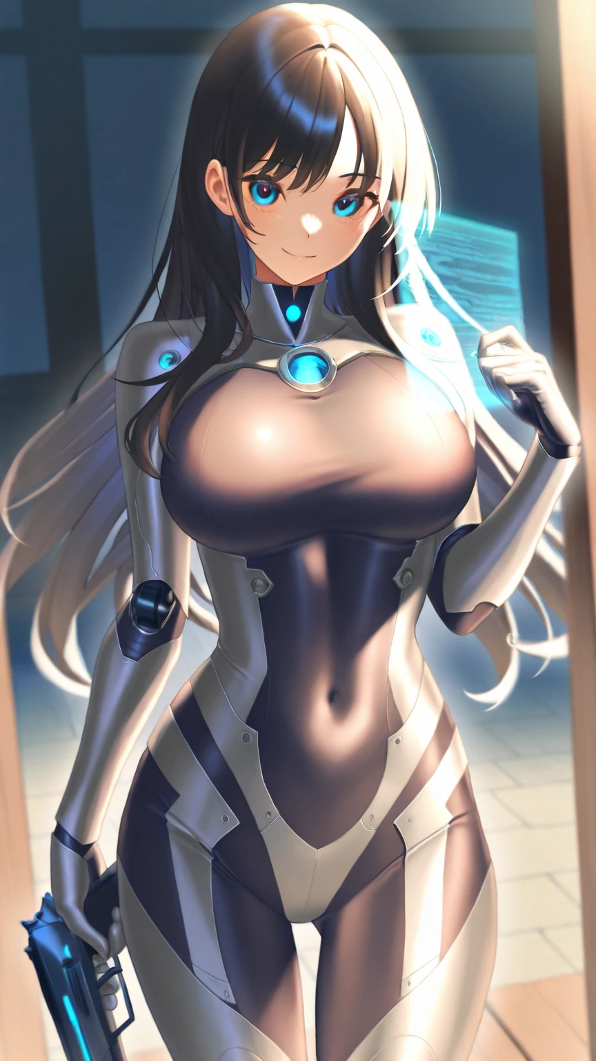 (Highly detailed CG Unity 8k wallpaper,masterpiece),(Best lighting, Best Shadow, Very delicate and beautiful),(One girl),blue eyes, Ample breasts, Black Hair,Red and black off-the-shoulder SF bodysuit,Neck Seal,High-tech sci-fi corridor, Dynamic pose, Detailed Machinery, Sleek design., ((Intense vaginal sex with a man:1.5)), {{An extraterrestrial lifeform preys on girls and takes their place}}, Unknown sensation, Feels good, NSFW