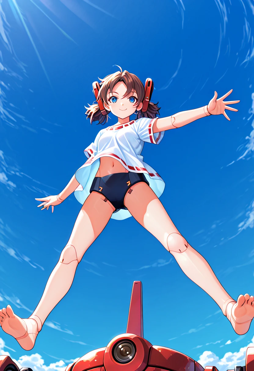android, beautiful robot, short pigtails, brown hair, Hair tie with two big red clothespins, big smile, brown hair, middle age, joint seam, blue eyes, full body figure, Height: 160cm, Light beige micro mini one-piece dress, fluttering skirt, skirt folds, white retro swimwear, Uplifting, 2020s anime style, 21thcentury japan animation, show White pantie, strong wind is blowing.