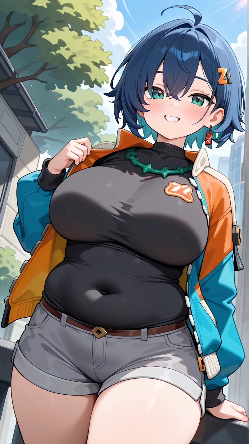 (perfect body),highest quality,16k、Masseter muscle part、((NSFW))、(((blush)))、((((embarrassing))))、:o、((((surprised))))、Treefe○lumes、police hat、(blunt bangs)、(short hair)、((b○b cut))、(yellow eyes),((black hair)),(Sweat)、(big ass)、(huge breasts)、swollen nipples、((thick thighs))、navy blue leotard、navy blue protector、sitting on the ground、(In town)、