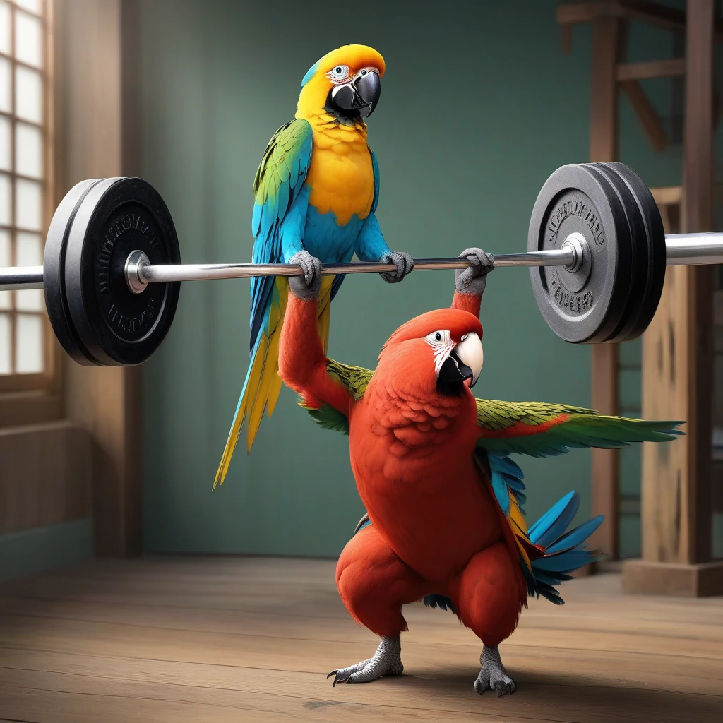 （Highest image quality。top quality。masterpiece。full body photo。）A parrot is mouthwatering、holding a barbell。and a medal on its neck。