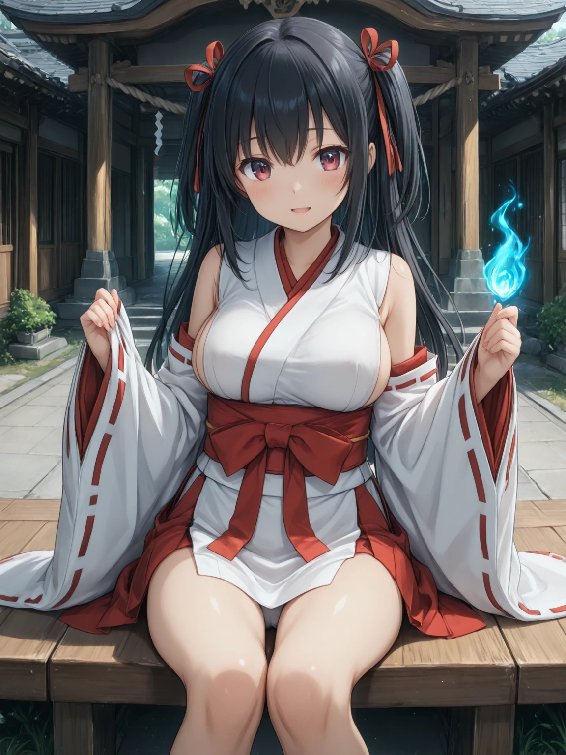 (masterpiece), best quality, extremely detailed, ultra-detailed,  nsfw, bokeh,miko clothes, black hair, long sleeves, detached sleeves, side breasts, hakama skirt,<lora:Concept-dogezaV5-000007:0.8> dogeza, folded clothes, panties, bra,jinzya, shrine, torii, tree, building, stone lantern, pavement, stairs, sunlight,traditional media, architecture, traditional architecture,