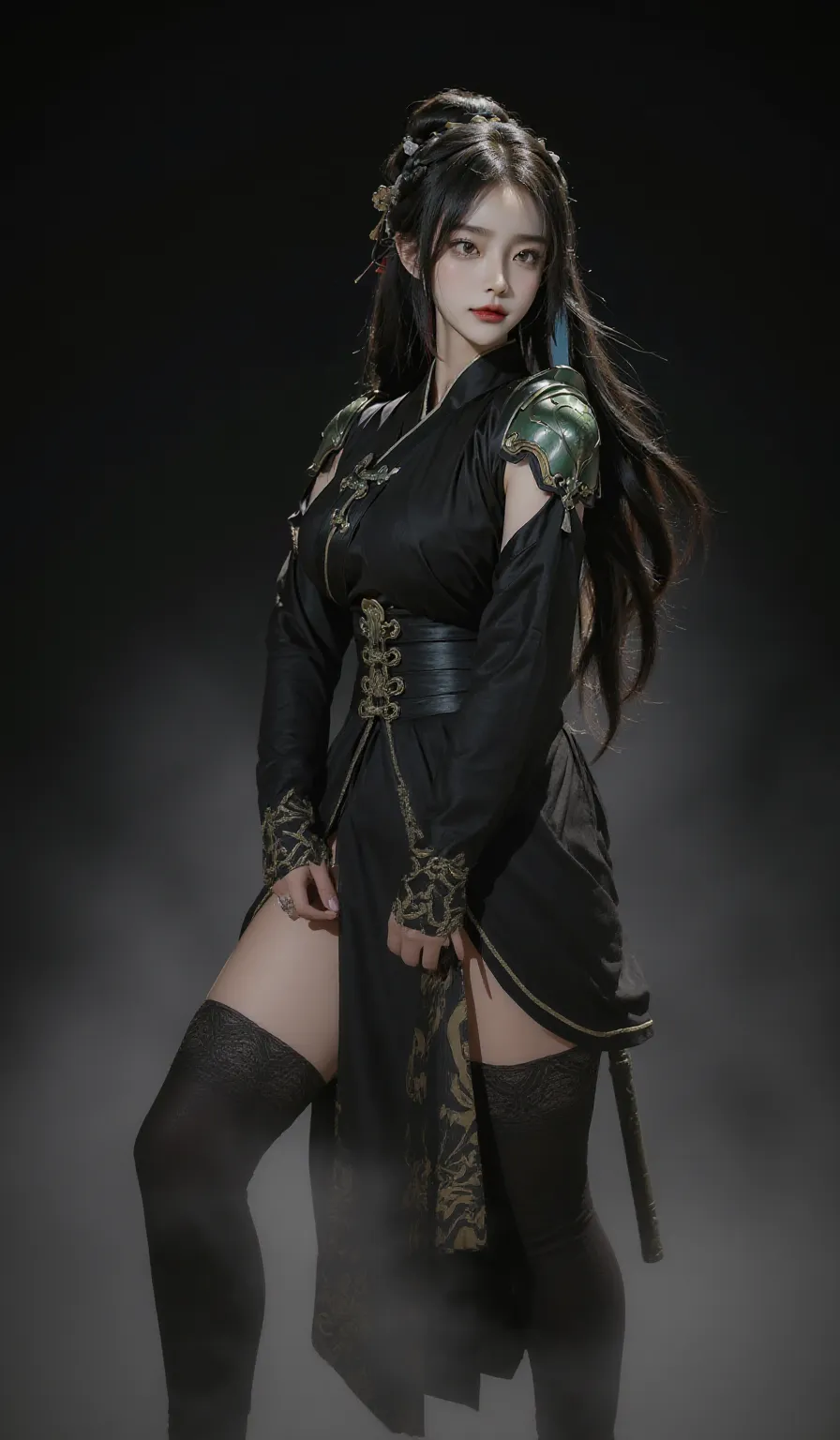 1girl Monarch is a demon slayer she wears a green hoari with a golden dragon on the back her sheate for her katana is black with golden patterns while her katana is green with a black handle her katana also has black on the sharp part