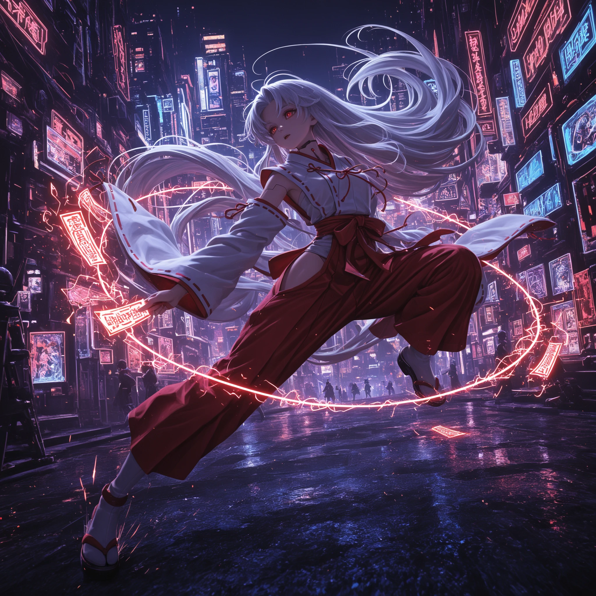 "A digital-style, mystical shrine maiden (miko) with a hint of seduction, sprinting through a neon-lit Japanese city at night, long flowing hair and red-white traditional outfit glowing slightly, holding enchanted paper talismans (ofuda) trailing light, motion blur, dynamic action pose, cyberpunk atmosphere, dramatic lighting, anime-