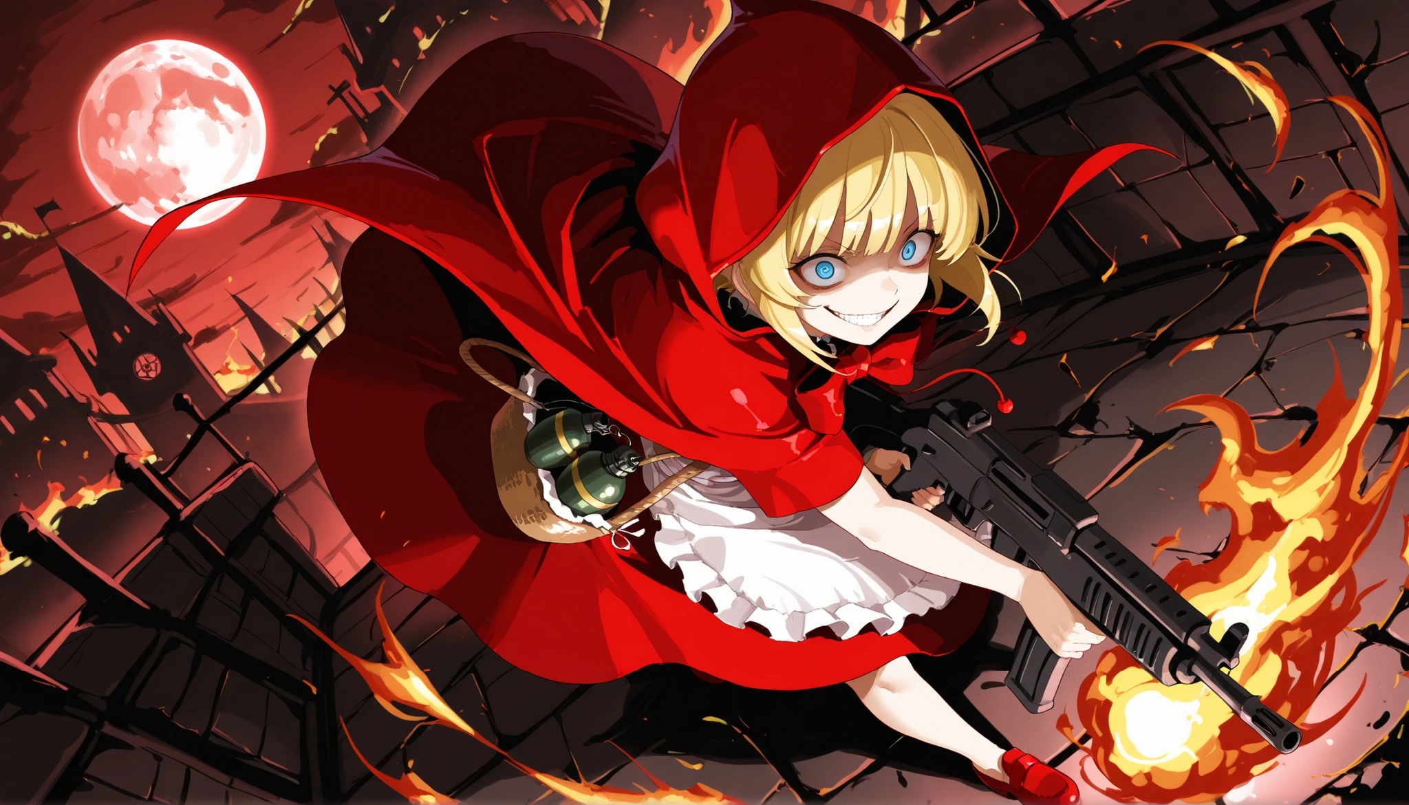 masterpiece, 1girl, best quality, amazing quality, very aesthetic, basket, apples, fruits, absurdres, red dress, exposed legs, blue eyes, B.B Hood, blonde hair, white apron, bangs, 1girl, red hooded cloak, red shoes, crazy eyes. crazy smile, moon, dark castle, automatic rifle, bomb, hand grenade, dynamic angle, spark, fire, sliding, devils, dancing, ((burnt city back ground)), full body shot, face close up, ((versus goblins)), view from above,