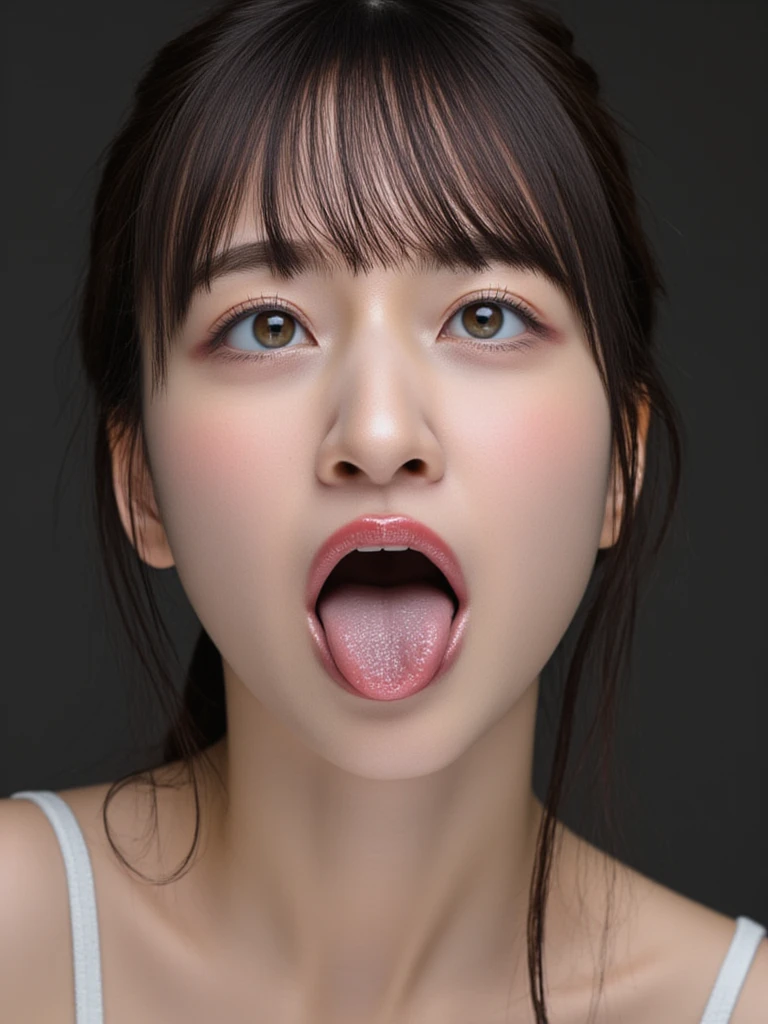 (photo Realistic:1.4), (hyper Realistic:1.4), (Realistic:1.3), (High resolution,High resolution,Sharp focus,8k)(Keep your eyes clearly focused, Nose and mouth,Face Focus,) Woman with open mouth and closed eyes, 、Age 35,Black-haired、Symmetrical face,Realistic nostrils、Angle from below、Elongated C-shaped nostrils,,,,,Browsing Caution,White Background、Sweaty skin、Lighting that accentuates skin that shines with sweat、((Nose hook))Skin shiny with sweat、Shiny skin、(Wet and shiny tongue)(Sharpness)furrowed brow, frown, tongue out, ahegao, long tongue, textured skin, anatomically correct, super detail,Double and big eyes,