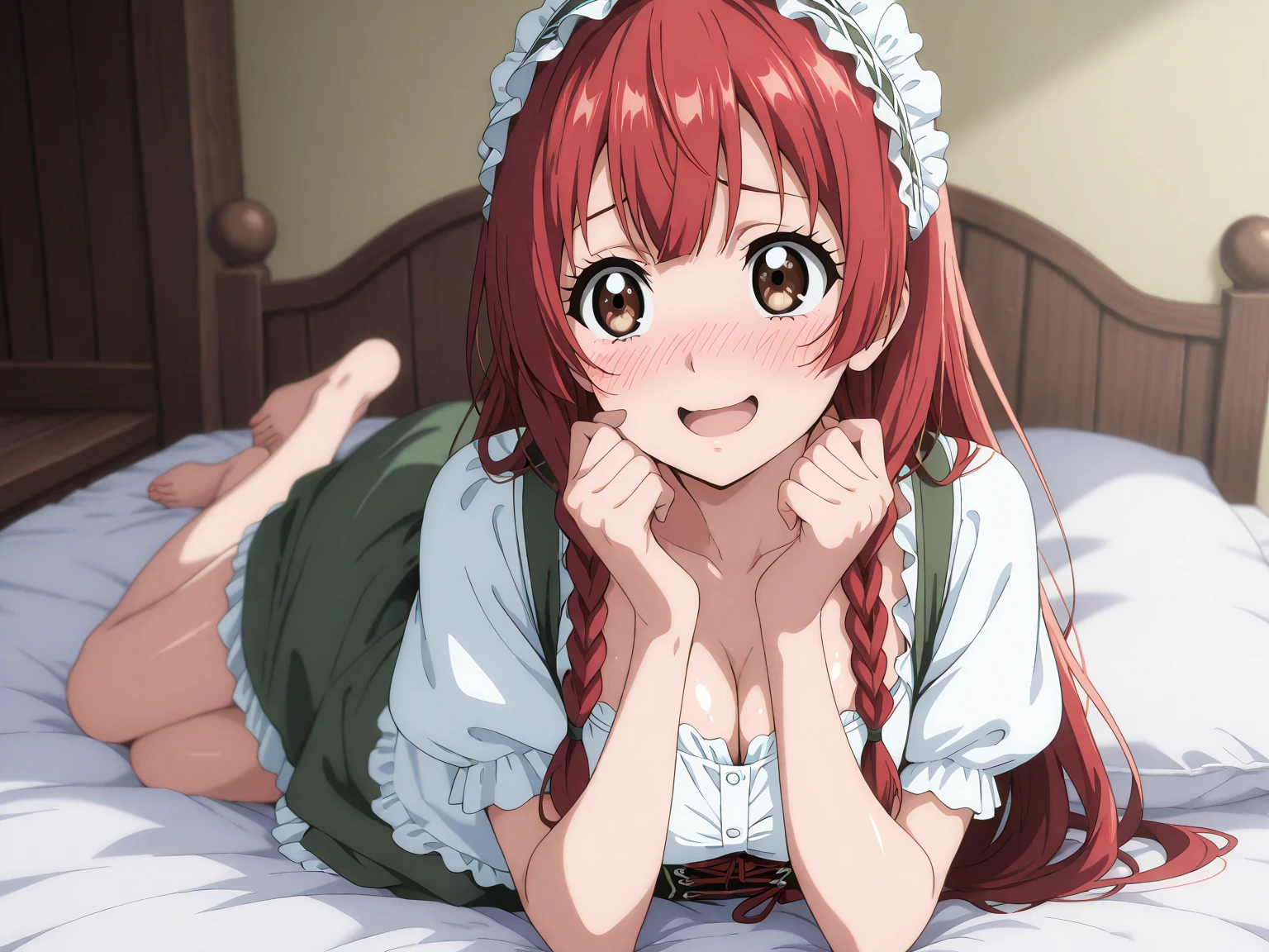 1 girl,solo,beautiful girl,cute,kawaii,brown eyes,red hair,long hair,braids,masterpiece,general,highres, ultra-detailed,very aesthetic,best quality ,best hands,best eyes,perfect anatomy,anime coloring,newest,easynegative,BREAK,dirndl,dirndl headdress,cute,kawaii,smile,embarrassed,sitting on bed,barefoot,shiny skin,watery eyes,open mouth,lying,