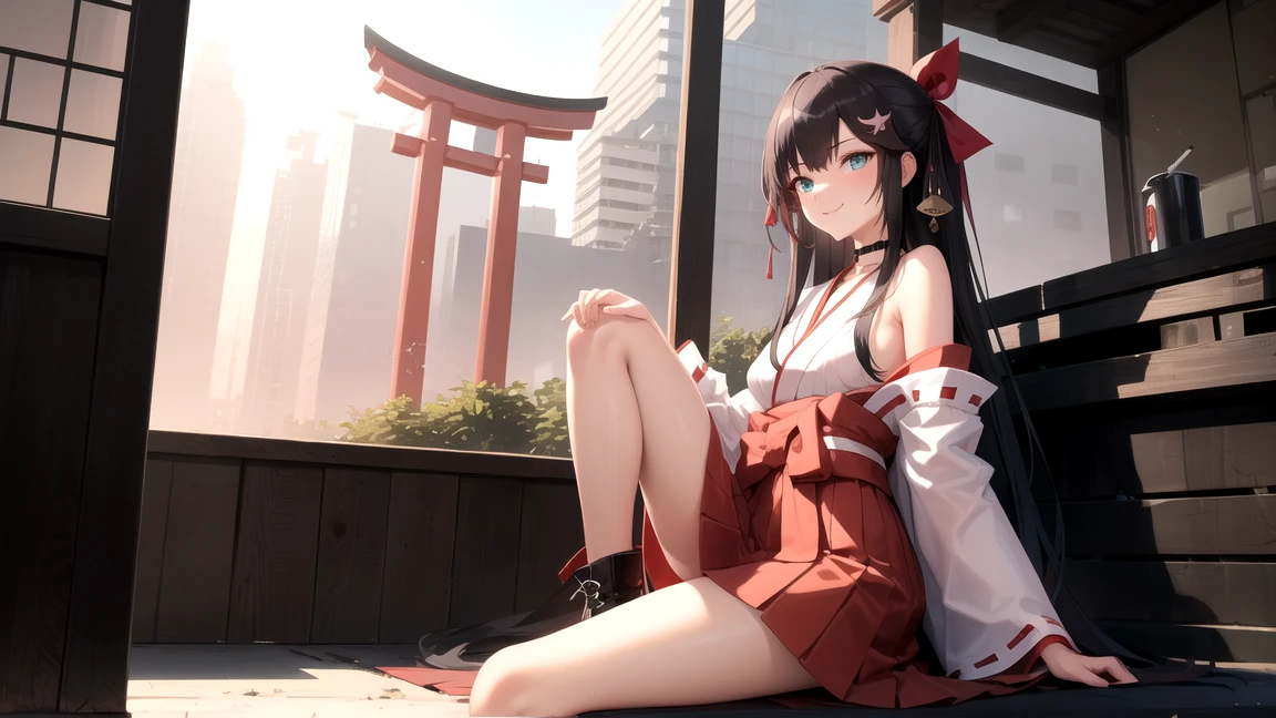 ((masterpiece)), ((Best Quality)), (Ultra-detailed), ((kawaii)), Cute, (lovely), ((Sexy)), (Ero), ((Extremely detailed)), 4K, (8K), Best Quality, (Beautiful), Illustration, Anime style, Painting, Dynamic Angle, Full body, full body Esbian, from below looking up, (Open your legs), Gradation, full body focus, A small shrine in a lonely Japan, Sit on the steps of the Japan chapel, Cute little girl s, 1girl in, Solo, japanese miko costume, Hair of randomly selected colors, Randomly selected beautiful colored eyes, ((Beautiful eyes)), White-skinned, Randomly selected hairstyles, Buttocks, Big breasts that are about to burst, (Smirk), grin, (blush), sparkling effect, Lens Flare, shiny-glistening, gleaming