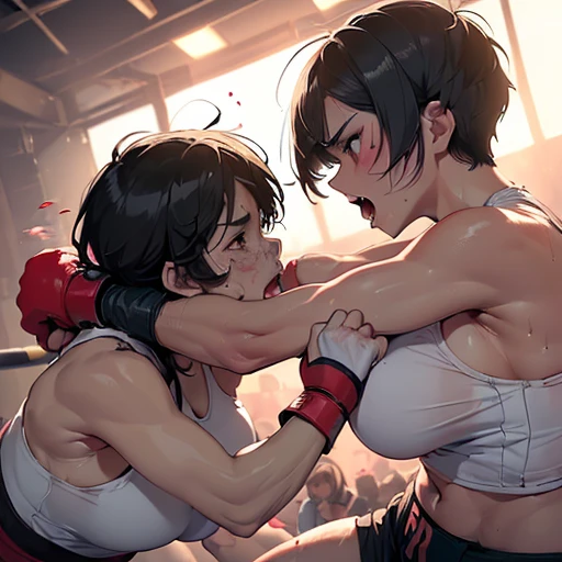 {female boxer, black hair, ponytail, navy blue sports bra, ((blue boxing gloves)), sweat all over body, beating, inferiority, fatigue}and {opponent short-haired female boxer, offensive}, female boxing match, (((two women)), two face to face