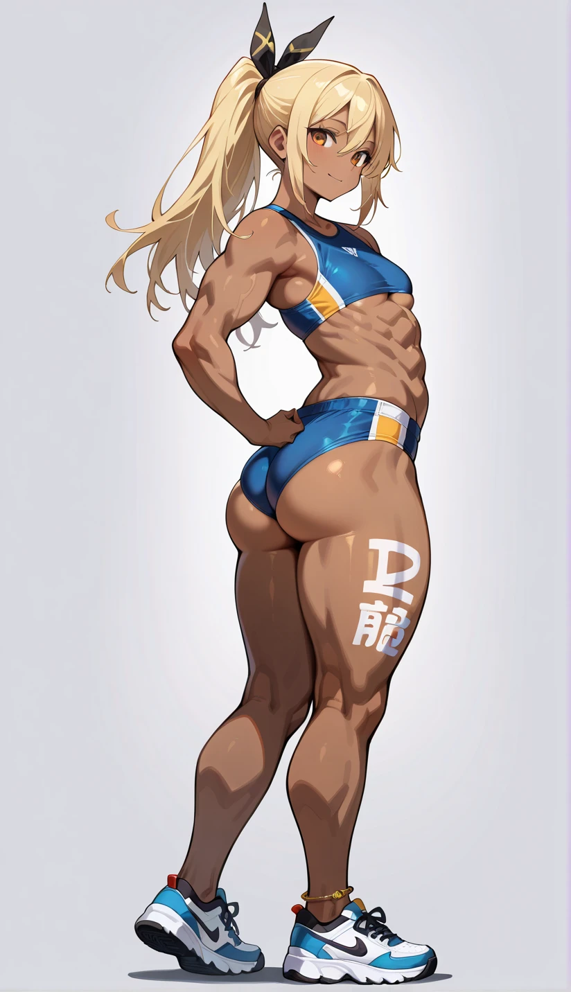 Prompt 

detailed illustration, (front view), (side view),dynamic angle, ultra-detailed, illustration, clean line art, shading, anime, detailed eyes, detailed face, beautiful face, dramatic lighting, detailed illustration, dynamic angle, ultra-detailed, illustration, single woman 

Fit, toned abs, ((volleyball shorts)), ((fundoshi breast wrap)), volleyball player, big round ass, big tits, caramel skin, wide hips, narrow waist, thunder thighs, (blazing blonde hair), (glowing eyes), glowing sclera, muay thai wraps, small strong biceps, sweat, ((bandaged breasts))
