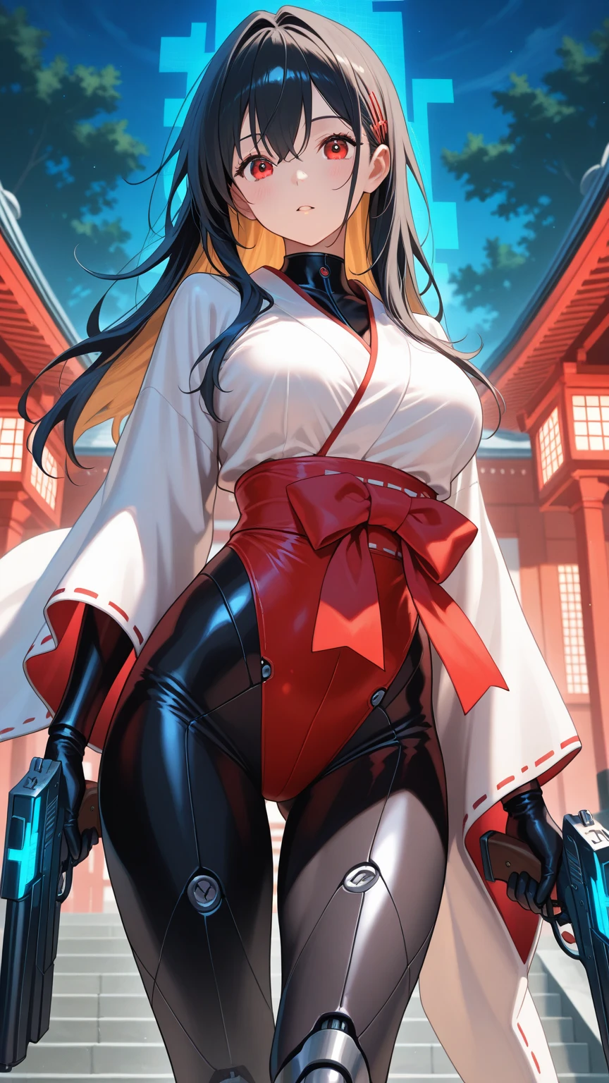 masterpiece, best quality, CG, wallpaper, HDR, high quality, high-definition, extremely detailed, taimanin leotard, Girl in Japanese shrine maiden outfit, (Hime cut), (super long black hair),(((straight bangs, blunt bangs))),(White headband), Blue eyes, super long black hair, hair ornament, ribbon, smile, Showing her breasts, (Huge breasts:1.3), Cleavage, White kimono, Shoulder-exposing sleeves, open-chested costume, Short skirt, Red Skirt, (upskirt), cameltoe, dynamic pose, city, night, thick thighs,