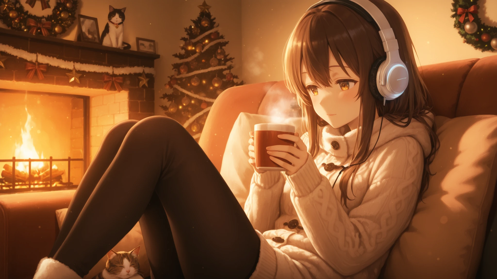 Anime-style girl relaxing on a cozy sofa in front of a fireplace, surrounded by Christmas decorations, warm ambient lighting, holding a cup of cocoa while listening to music with headphones, a cat curled up beside her, peaceful and homey winter scene, soft focus and warm tones

