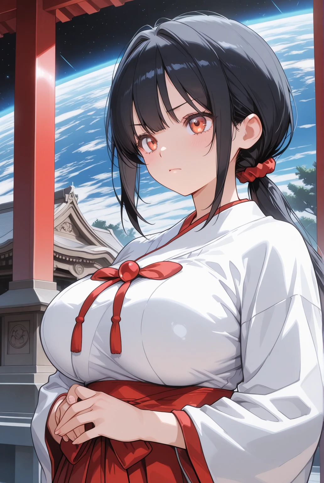 masterpiece, best quality, 1girl, sitting, cross legged,, black hair, (steam:1.5), sweat, arms up, detailed armpits, gigantic breasts, (karate uniform, sunset), solo, blush, looking at viewer,