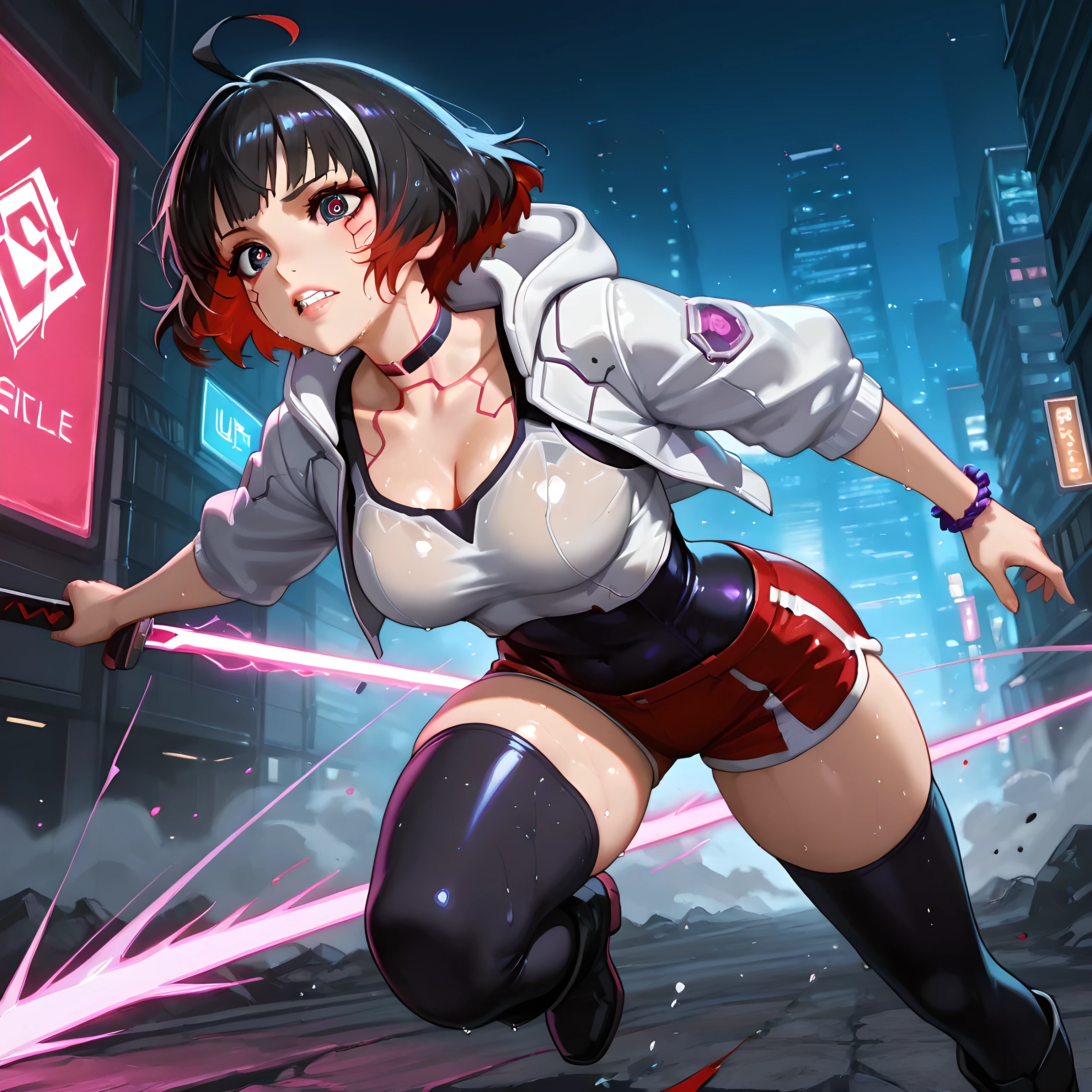 extreme_close_up, full_body, ((Kyoukai no Kanata art style, standing, blood being spat out, blood droplets in the air, character running on the battlefield, character running towards the viewer with a purple blade aimed diagonally, mid-air slashing attack scene, attack details, ultra-detailed action scene, sword strike cutting the wind):1.15), (ultra image quality, perfectly detailed eyes, perfect facial details, ultra image sharpness, balanced lighting, ultra-quality shading), {Ravena with red hair}:((1woman, choker, beautiful woman, epic look, white jacket with white hood, chains coming down from the jacket, red short shorts, black energy coming out of the side of the eyes, black flames flowing from the eyes, white tank top tight on round breasts, blouse pressing breasts, tight clothes on the body accentuating curves, black boots with red neon, wet sensual lips, tight black thigh-high socks, thorn bracelets, look of despair, spiral-shaped ahoge hair, dual-colored hair, white streaks at the ends of the hair, hair in a pigtail, battle-scarred skin, grinding teeth, fog sweaty, panting, average breasts, round ass, perfect lips, curvy body, thin waist, dilated pupils, dark circles, porcelain skin):1.05), ((cyberpunk setting, dangerous night city, ultra-detailed action scene, missiles falling towards the colossal buildings in the background of the image, wide and incredibly detailed setting, sword strike cutting enemy in half):1.12).
