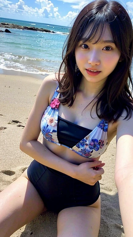 (Navy blue floral micro-bikini:1.2), (wearing a White maxi-skirt:1.3), ((Innocent and cute girl:1.2)), (Layered Hairstyle, Light-brown hair, medium long hair), Very Detailed Face and Skin Texture, Detailed Eyes, Double Eyelids, Pale Cheeks, Shiny eyes:1.2, shiny little neckless and earrings, Glossy Lips: 1.4, fair skin:1.2, Perfect body, (Cowboy shot), (Selfie pose on Instagram), from the side, looking at the viewer next to you, medium large breasts, (upper bust), (seductive appearance: 1.2), (In the passenger seat of a car), ((an open ceiling)), ((beautiful clear sea view outside the car window)),