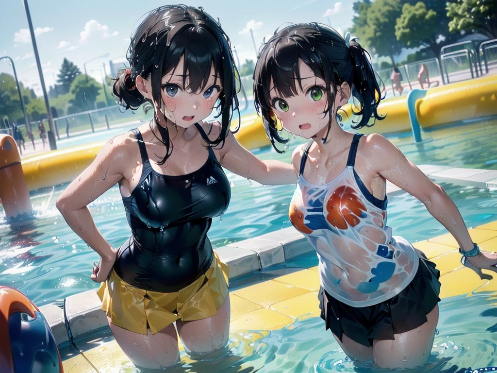 2 girls , (Black Swimsuit:1.5) , Black Hair , Iris ,(Huge breasts:1.2) , Twin tails , Small stature , (Eating popsicles:1.2) , (grinning:1.2) , Indoor swimming pool , Hugging each other ,