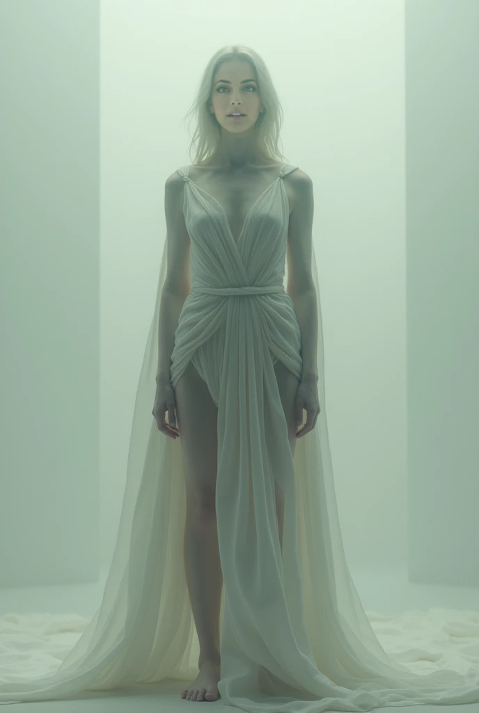 surrealism art, disturbing nightmare, mysterious, Provocative, symbolic, complex, detailed, high qualiy, ghostly creature, gothic horror, translucent muscular body, rectangular face, floating above the ground, white spectrum, seminu, wearing toga, in the setting of a gothic mansion, Erotic horror.
