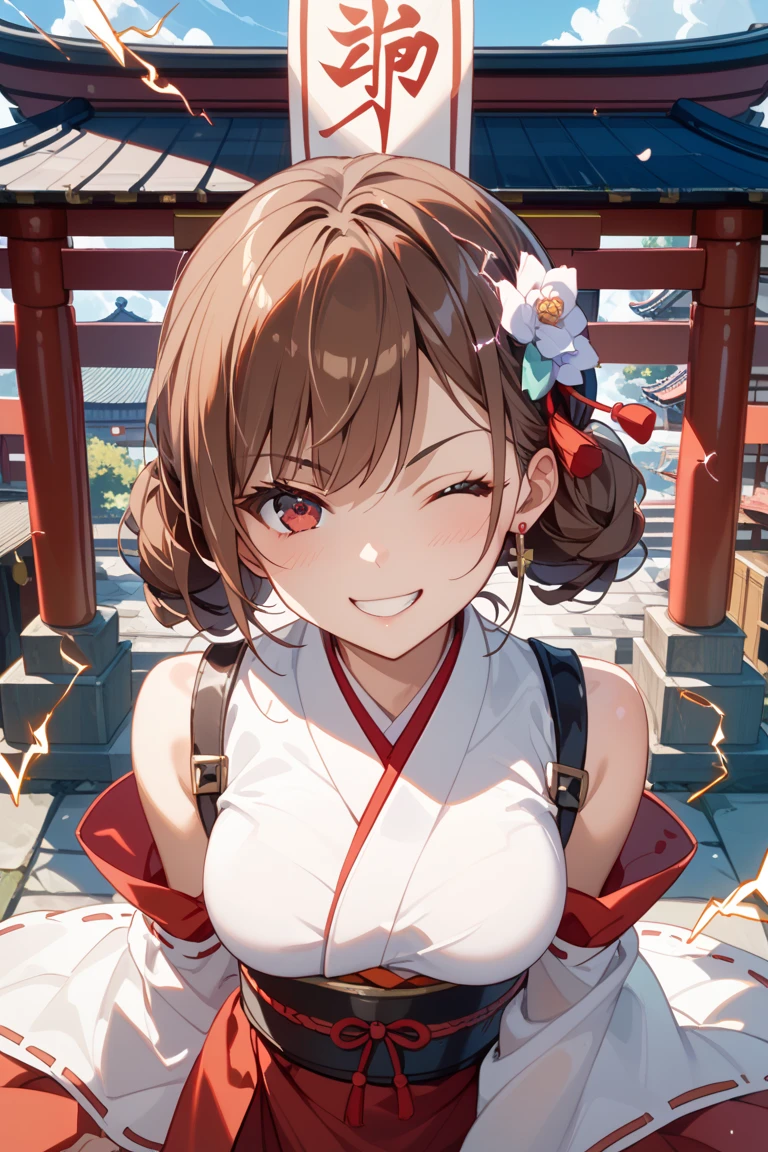 Anime illustration、highest quality、Shrine maiden、Perfect proportions、Large-scale shrine、Large Torii Gate、overwhelmingly big breasts、Very thick legs、Beautiful, shining eyes、Cowboy Shot、smile、Noise Reduction
