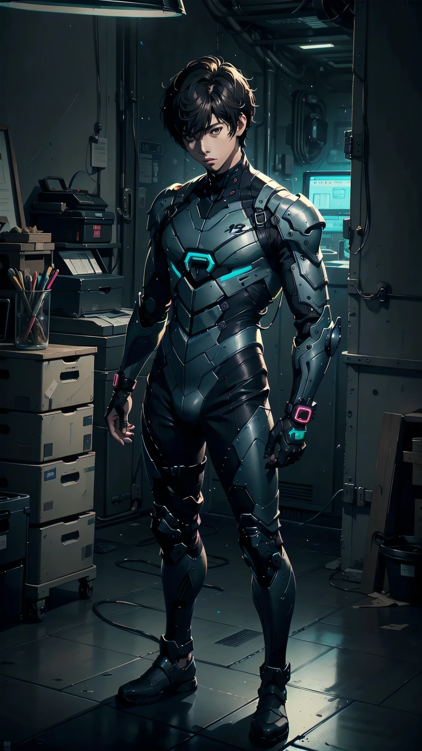 masterpiece, best quality, 1boy, solo, Amamiya Ren, ((male in a military tactical armored suit, navy blue and neon colors cyber suit armor, Ren amamiya, black brown hair and eyes, 17 teen years old, male, Athletic, handsome)), ((top quality, ultra-detailed, high resolution, extremely detailed CG, unity 8k wallpaper, Makoto Shinkai style, by famous artist, perfect anatomy, super detailed skin, cinematic lighting, UHD, retina, anatomically correct, 1080P)), (single), ((1boy)), a high school student, ((full dark brown hair)) Full limbs, complete fingers, ((perfect fingers, perfect arms)), masculine, manly, small, Beautiful detailed full dark brown eyes, perfect eyes, ((war scene)), standing, single guy (one guy), full body shot. ((close view)), full body