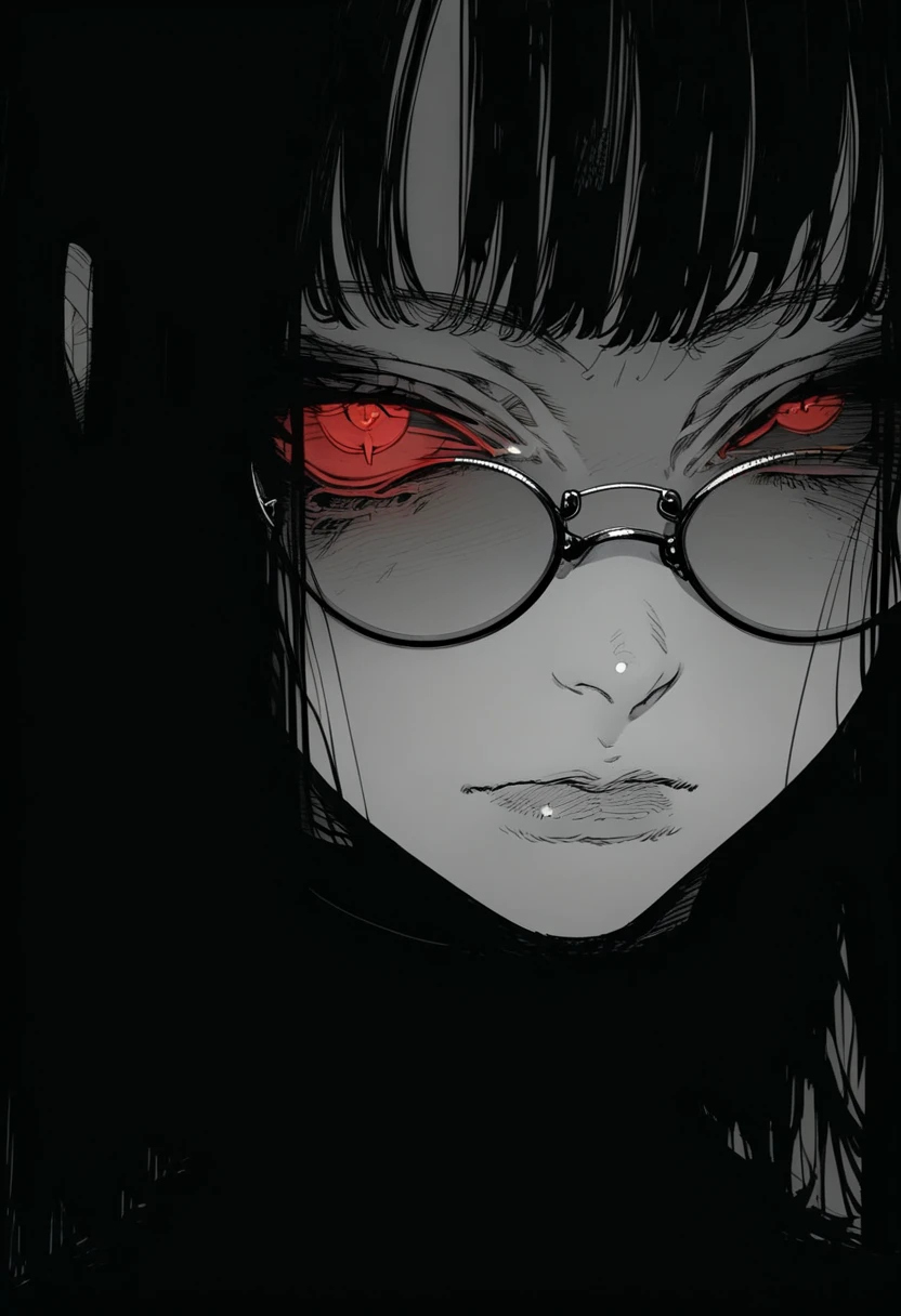 score_9, score_8_up, score_7_up, flat color, gthan, gothic, 1girl, solo, glasses, red eyes, spot color, closed mouth, colored sclera, monochrome, black sclera, bangs, looking at viewer, round eyewear, portrait, eye focus, black hair, greyscale, simple background