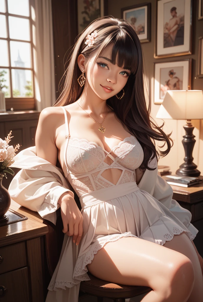 a girl sitting down, raising her heels, showing her buttocks from the front, holding her knees, wearing white panties and a blazer jacket, long hair, realistic, photographic, cute, (best quality,8k,highres,masterpiece:1.2),ultra-detailed,(realistic,photorealistic,photo-realistic:1.37),studio lighting,extreme detail description,professional,vivid colors,bokeh