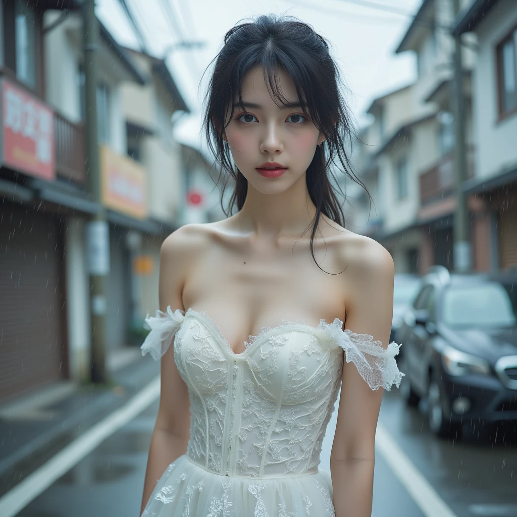 (masterpiece, top quality, 8k, best quality, official art, beautiful and aesthetic:1.2),It's raining, very detailed,(fancy:1.2), Splendid City, heavy rain(,huge breasts:1.4),ponytail, laugh, Karina's appearance, Wet body, rainy weather, The weather is cloudy., White dress that shows skin