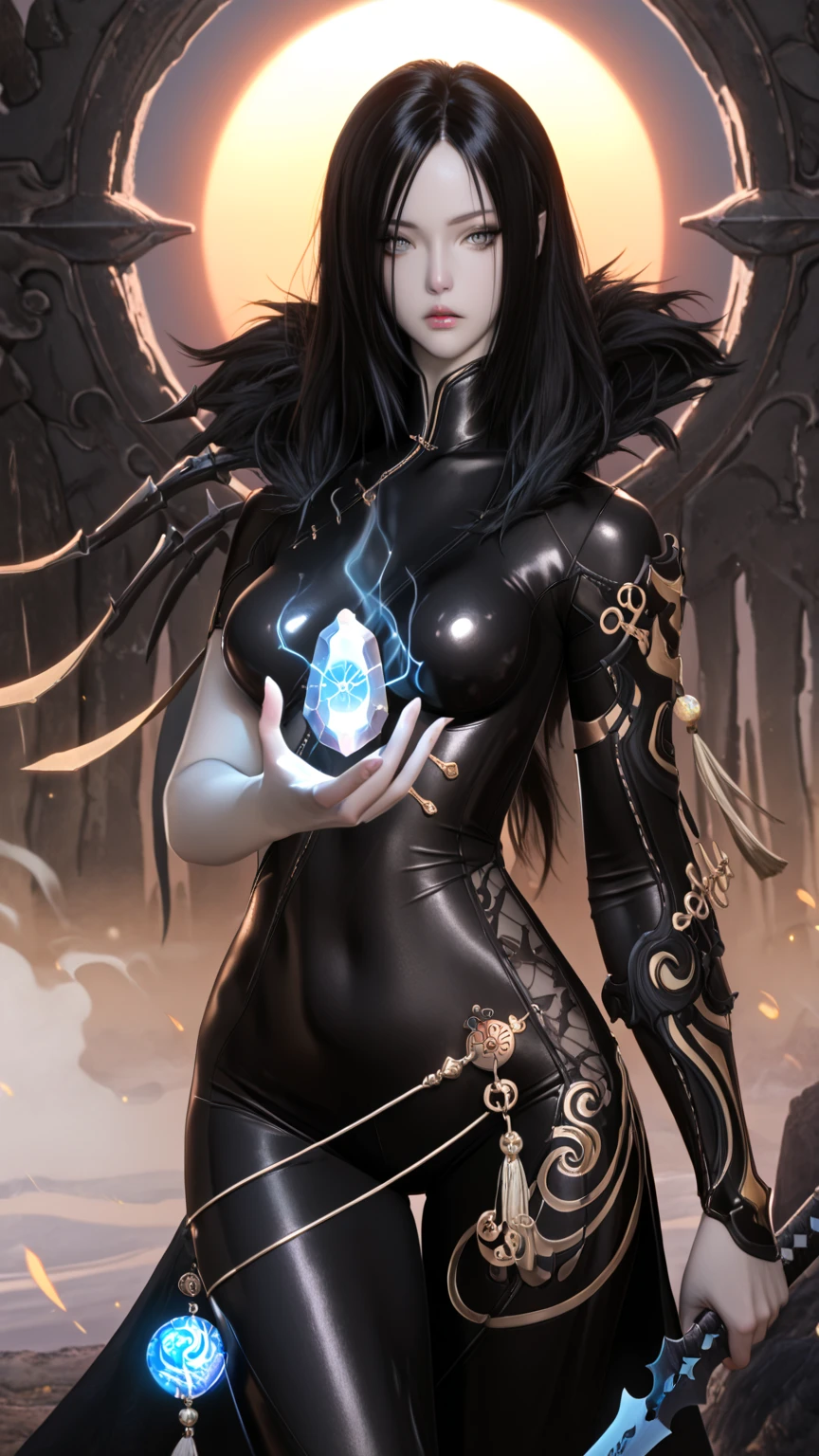 Full body portrait, demoness, arcane lady, elise the spider queen, league of legends, arcane arachnid, legs spread wide open, fighting stance, open legs, seductive, busty, curvy hips,( body formed from metallic mauveine and metallic black gold liquid metallic paint twisting into a beautiful interpretation of the female figure), long sharp fangs, au naturel, ((complex metallic colours in the foreground)), (( fluid mechanics, the loveliest smooth scale face makeup, menacing smirky expression)) - dark blood, onyxia