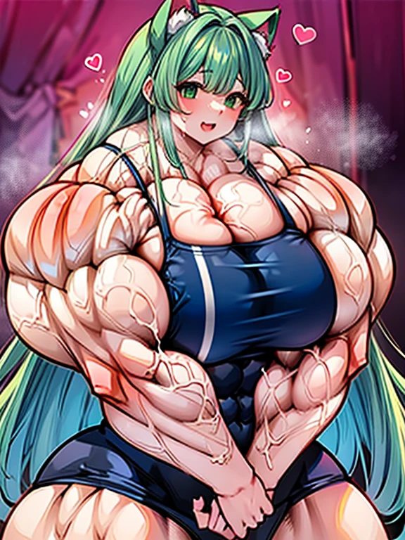 A beautiful green hair woman with three braids and deep blue eyes, gazing condescendingly at the viewer with a cute grinning expression, extremely detailed and realistic, masterpiece quality, ultra-detailed, HDR, studio lighting, vivid colors, physically-based rendering, thick muscular thighs,Cute gym clothes, large breast