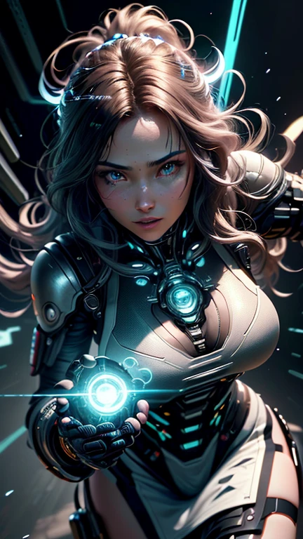 There's a faceless woman in a shiny suit with her hands up, 5-fingered hands, Hiper realista, cabelo curto, Cabelo cor laranja, olhos azuis florescentes brilhantes, Deusa ciborgue no cosmos, techno mystic goddess, um ser interdimensional, Senhora da entropia, Deusa DMT, psychedelic organic cyborg, quality astral projection rendering, mulher da beleza em hologramas, galactic dmt entity, cybernetic body, transparent holographic being, complex cybernetic beings