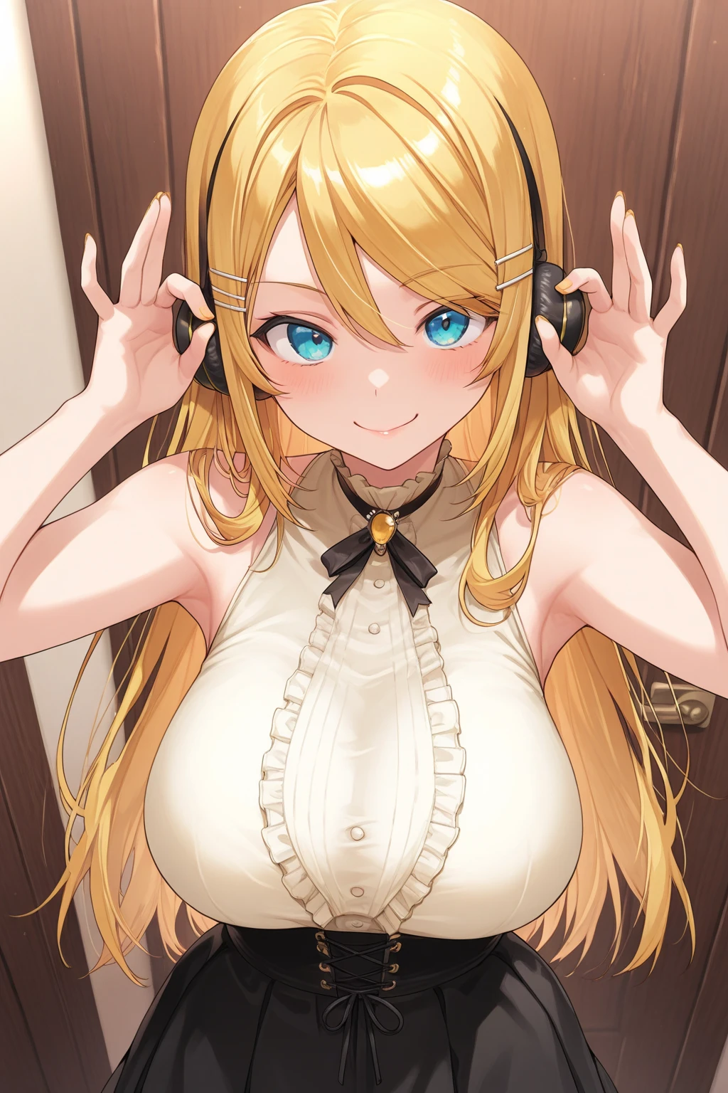 ,large breasts, ConcertHole, 1girl, ,VOCALOID, kagamine, blonde hair, blue eyes, hair bow, headset, long hair, headphones, smile,, nsfw