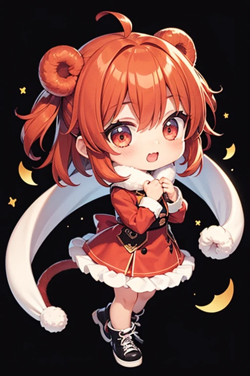 1girll, Solo, (full body:1.5), (tchibi:1.5), Depth of field, Simple background,horn,dress,fire